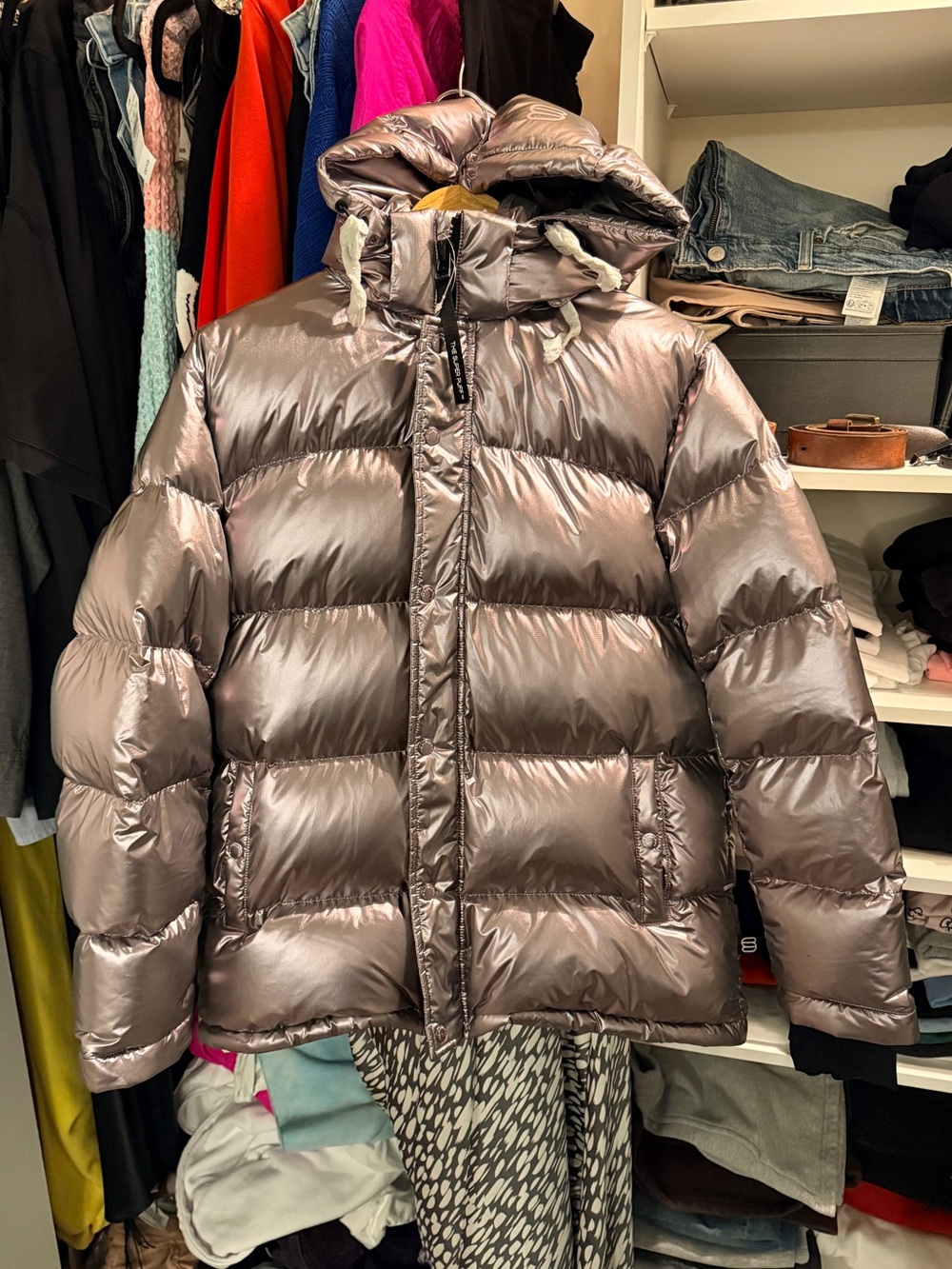 ARITZIA Super Puff Metallic Devotion Purplish Chrome Super Puff Mid Size L BNWOT